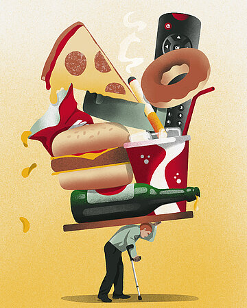 Illustration: Eine Person tr&auml;gt eine schwere Last aus Fast Food, Alkohol, einer Zigarette und einer Fernbedienung auf dem R&uuml;cken.