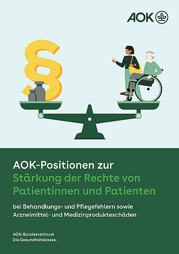 Cover: AOK-Positionen zur Stärkung der Rechte von Patientinnen und Patienten Die grafische Illustration zeigt im oberen Bereich eine Waage. In der linken Schale liegen Gewichte und ein gelbes Pragrafenzeichen. In der rechten Schale steht eine Frau mit einem Tablettenblister in der Hand und eine älterer Rollstuhlfahrer . Die Waage steht im Gleichgewicht. Im unteren Bereich steht der Titel des Positionspapiers