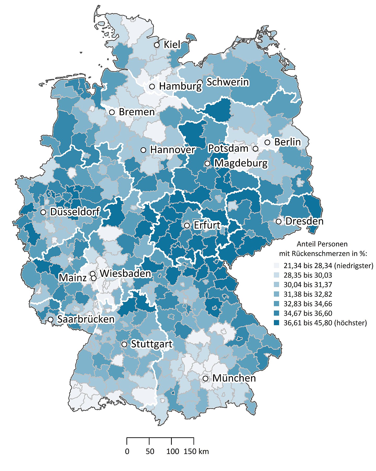 Deutschlandkarte: Rückenschmerzen in der deutschen Wohnbevölkerung: Vergleich der Regionen