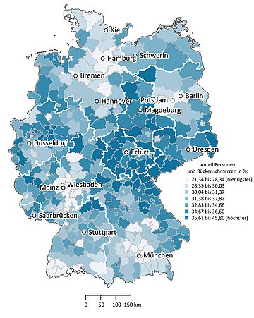 Grafik:Gesundheitsatlas Rückenschmerzen Abbildung 1 Deutschlandkarte: Rückenschmerzen in der deutschen Wohnbevölkerung: Vergleich der Regionen