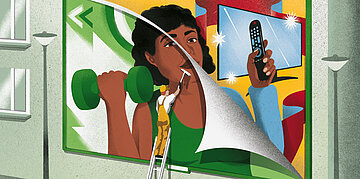 Eine Illustration zeigt eine Person, die ein Plakat von passivem Fernsehen zu aktivem Training mit Hanteln umbl&auml;ttert.