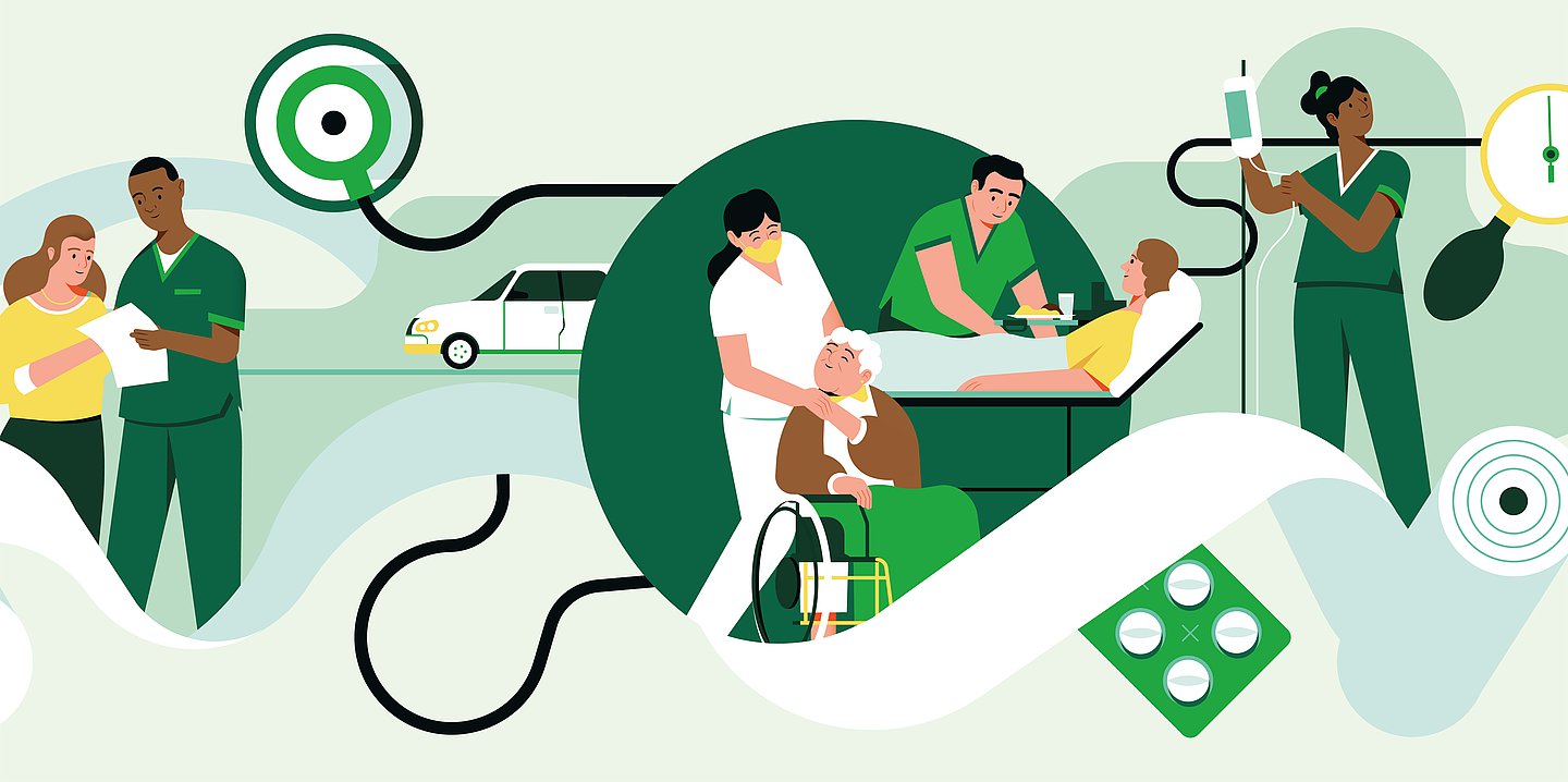 Foto: Illustration mit verschiedenen Elementen aus dem Klinik- und Pflegebereich.