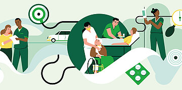 Foto: Illustration mit verschiedenen Elementen aus dem Klinik- und Pflegebereich.