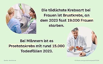 Krebsfrüherkennungsuntersuchungen zu Prostata- und Brustkrebs Das Bild zeigt die Früherkennungsuntersuchung einer Mammographie und ein Beratungsgespräch zu Prostatakrebs. Die tödlichste Krebsart bei Frauen ist Brustkrebs, an dem 2023 fast 19.000 Frauen starben. Bei Männern ist es Prostatakrebs mit rund 15.000 Toten im Jahr 2023.