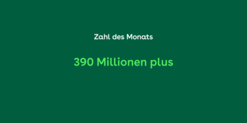Zahl des Monats Januar 2025 Die Grafik ist dunkelgrün, daraugf in weiß der Schriftzug "Zahl des Monats", darunter etwas größer in hellgrün "390 Millionen plus".