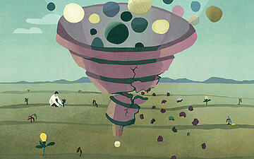 Ein gro&szlig;er Trichter sammelt Elemente aus der Umwelt, w&auml;hrend auf einem Feld wenige Pflanzen wachsen und Menschen arbeiten.