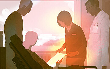 Illustration: Patientin im Krankenzimmer mit weiterer Person &ndash; vor ihr zwei Personen des medizinischen Personals, die etwas auf einem Zettel zeigen.