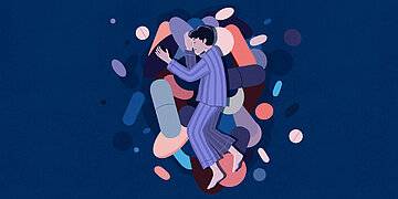 Illustration: Eine Person im Schlafanzug liegt auf verschieden gro&szlig;en und bunten Pillen und Tabletten.