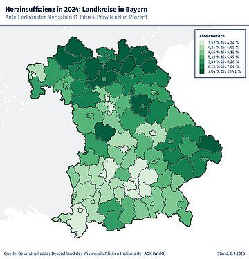 Die Landkarte von Bayern zeigt die H&auml;ufigkeit von Herzinsuffizienz auf Landkreisebene 