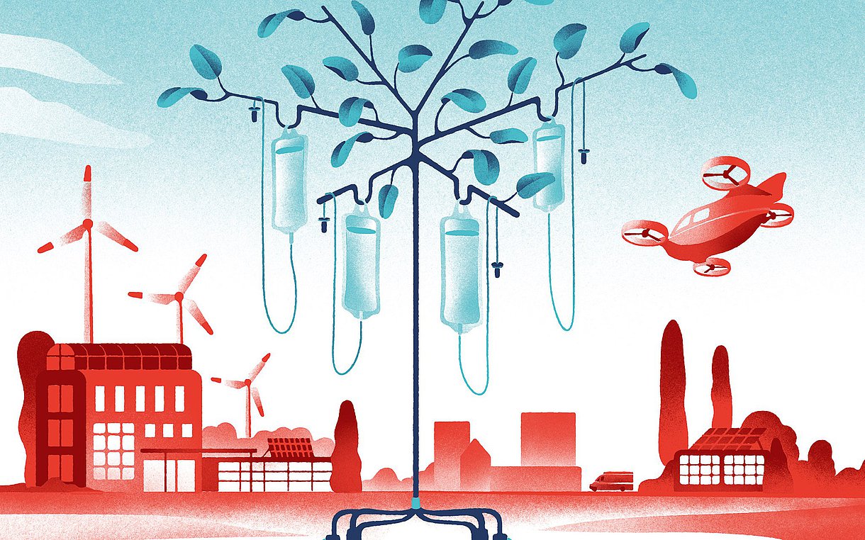 Illustration eines Krankenhauses, das umgeben ist von Windrädern und Solarpaneelen. Im Vordergrund steht ein Baum, an dem vier Tropfen hängen.