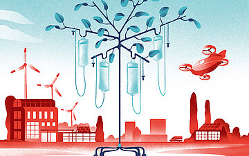 Illustration eines Krankenhauses, das umgeben ist von Windr&auml;dern und Solarpaneelen. Im Vordergrund steht ein Baum, an dem vier Tropfen h&auml;ngen.