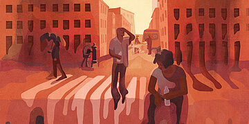 Illustration einer stark aufgeheizten Stadtstra&szlig;e in Rot- und Oranget&ouml;nen. Mehrere Menschen suchen Schutz vor der Hitze, halten Wasserflaschen oder beschatten sich, w&auml;hrend die Sonne zwischen den Geb&auml;uden steht.