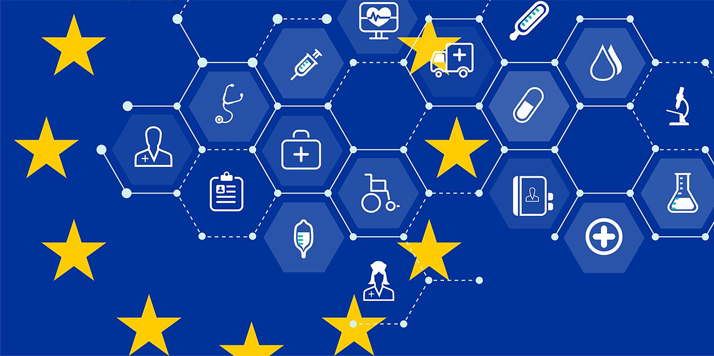 Foto: Neun der zwölf goldenen Europasterne sind auf blauem Grund zu sehen, dahinter visualisiert Symbole für die Digitalisierung von Gesundheitsdaten.