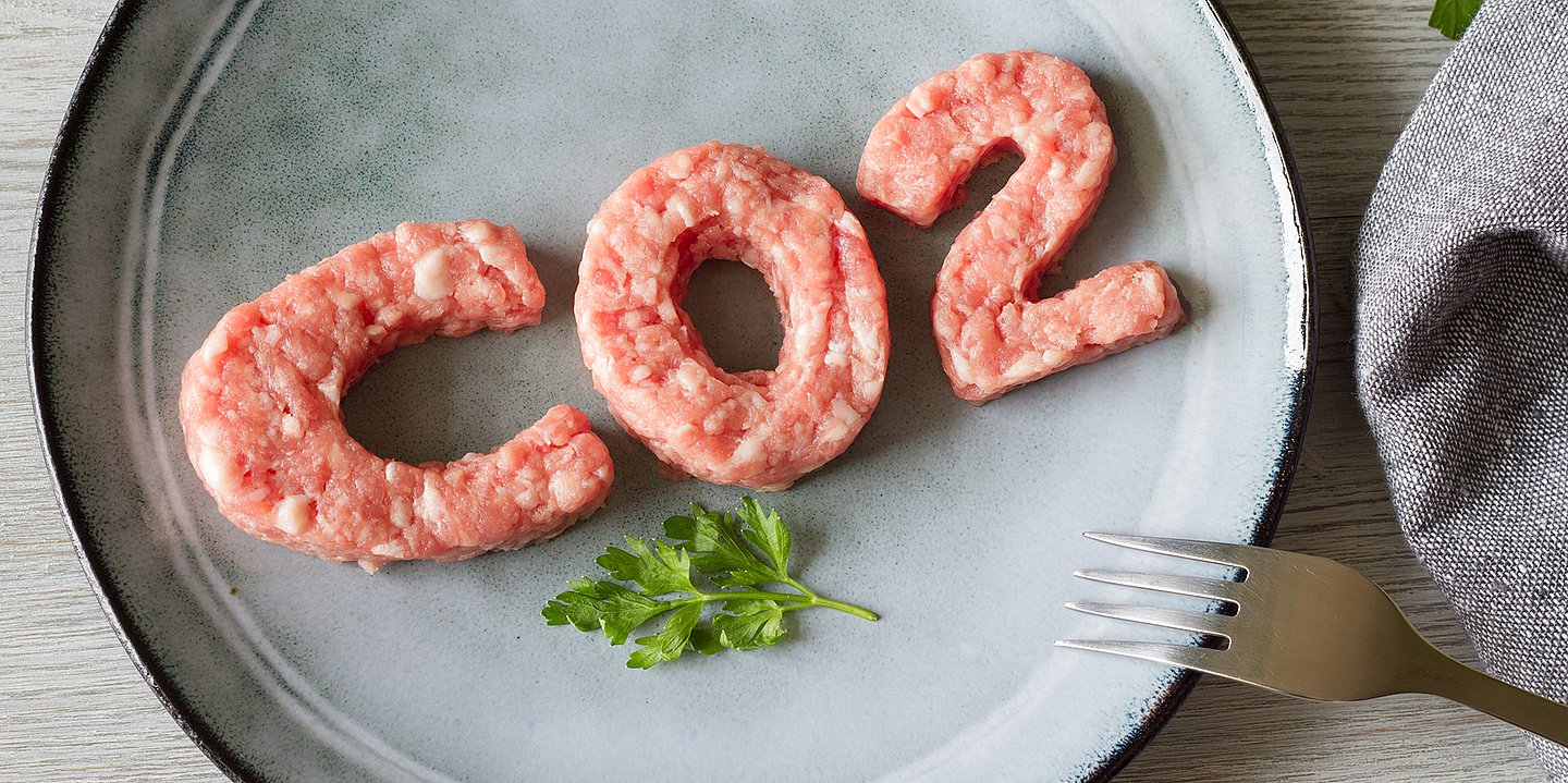 Foto: Auf einem Teller liegen aus Mett geformt die Buchstaben "CO2".