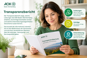 Eine Frau liest im Transparenzbericht der AOK Baden-W&uuml;rttemberg.