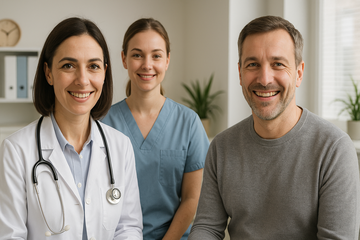 HÄPPI-Praxis Drei lächelnde Personen: Eine Ärztin, ihre Assistentin und ein Patient.