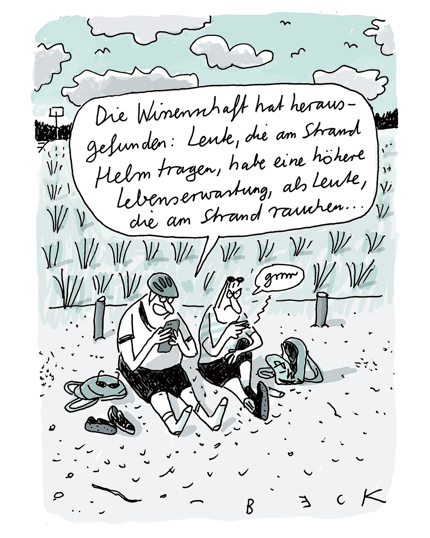 Foto: Illustration von zwei Männern, die auf dem Boden sitzen, einer mit Helm auf dem Kopf und Handy in der Hand, einer mit Zigarette: "Die Wissenschaft hat herausgefunden: Leute, die am Strand Helm tragen, haben eine höhere Lebenserwartung, als Leute, die am Strand rauchen...". Daraufhin der andere: "Grrr".