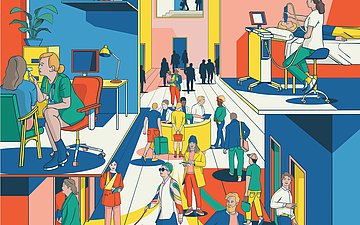 Illustration: Szene, die Patientensteuerung darstellen soll. Viele Menschen links und rechts jeweils eine Arztszene auf Stuhl bzw. Liege, in der Mitte ein Tresen mit Lotsen zur besseren Patientensteuerung.