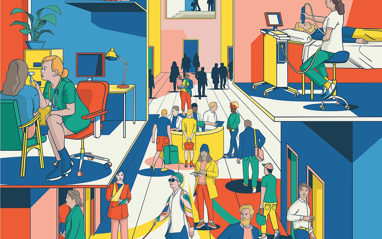 Illustration: Szene, die Patientensteuerung darstellen soll. Viele Menschen links und rechts jeweils eine Arztszene auf Stuhl bzw. Liege, in der Mitte ein Tresen mit Lotsen zur besseren Patientensteuerung.