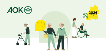 Titelgrafik des Positionspapiers Pflege: Divers stilisierte pflegeberd&uuml;rftiger Personen in Begleitung von Menschen, die sich um sie k&uuml;mmern.