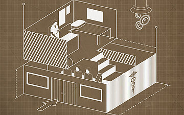 Illustration: In einer Zeichnung von einer Arztpraxis sind zwei Stockwerke abgebildet. Unten das Wartezimmer, in dem drei Menschen sitzen. Oben die &Auml;rztin am Schreibtisch, daneben eine Untersuchungsliege.