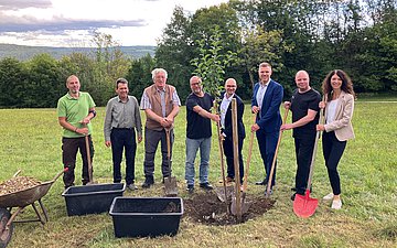 Apfelbaum Eine Gruppe von Menschen pflanzt einen Apfelbaum
