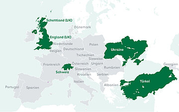 Auf einer Europakarte ist eine Auswahl an L&auml;ndern hervorgehoben, die bei einer Umfrage zum Thema Digital Health der WHO Europe teilgenommen haben.