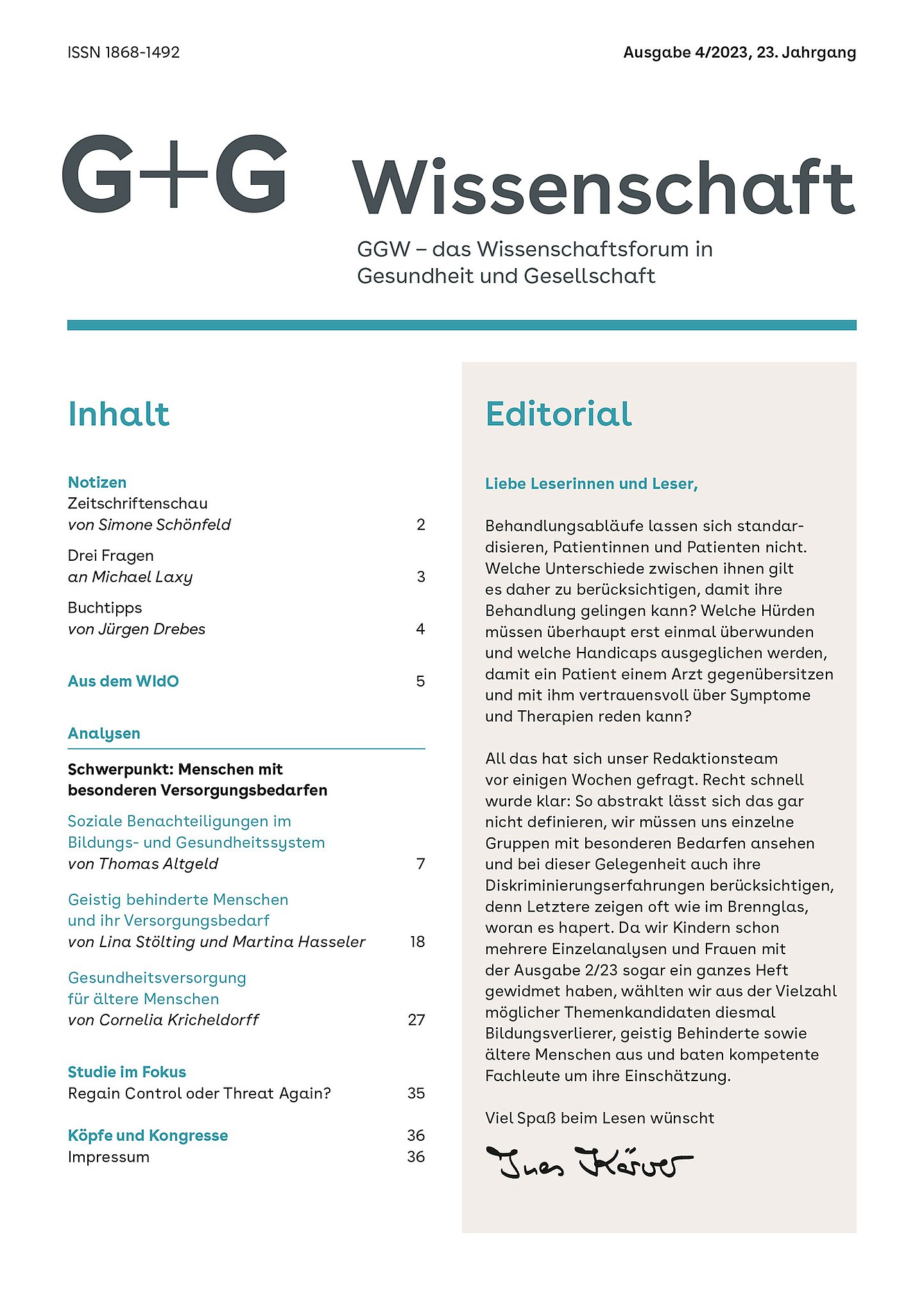 Foto: Titelbild der G+G-Wissenschaft 4/2023