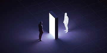 Illustration: Ein dunkler Raum. In der Mitte ist eine wei&szlig;-leuchtende T&uuml;r. Auf beiden Seiten stehen M&auml;nnchen, eins ist schwarz, eins ist wei&szlig;.