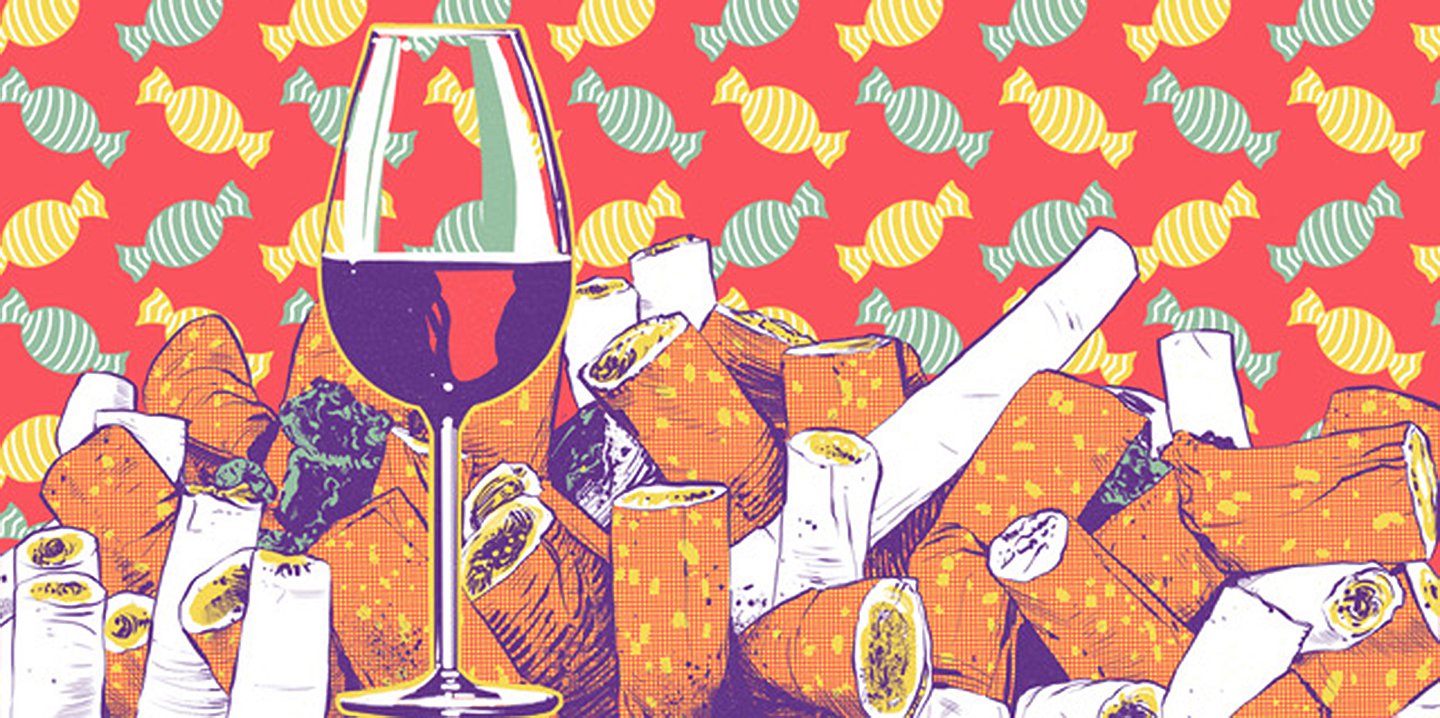 Die Illustration zeigt ein Glas Rotwein und zahlreiche Zigarettenkippen.