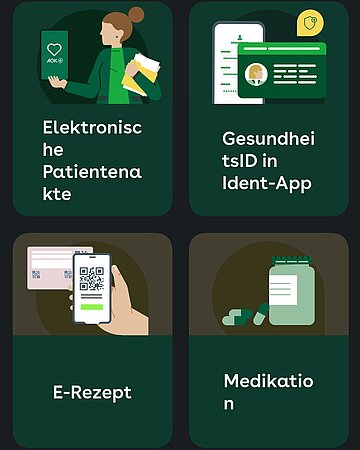Das Bild zeigt die Startseite der App "AOK mein Leben" u.a. mit dem Zugang zur ePA