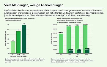 Grafik: Impfschäden: Die Zahlen verdeutlichen die Diskrepanz zwischen gemeldeten Verdachtsfällen und anerkannten Impfschäden. Sie verweisen auf hohe Hürden und auf ein Verfahren, das medizinische, juristische und politische Dimensionen miteinander verknüpft – oft über Jahre hinweg.