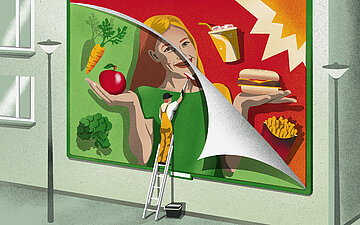 Illustration: Eine Personklebt ein neues Plakat mit gesundem Essen &uuml;ber ein Werbeplakat f&uuml;r Fast Food
