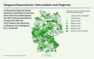 Grafik mit Deutschlandkarte: Diagnose Depressionen &ndash; Unterschiede nach Regionen