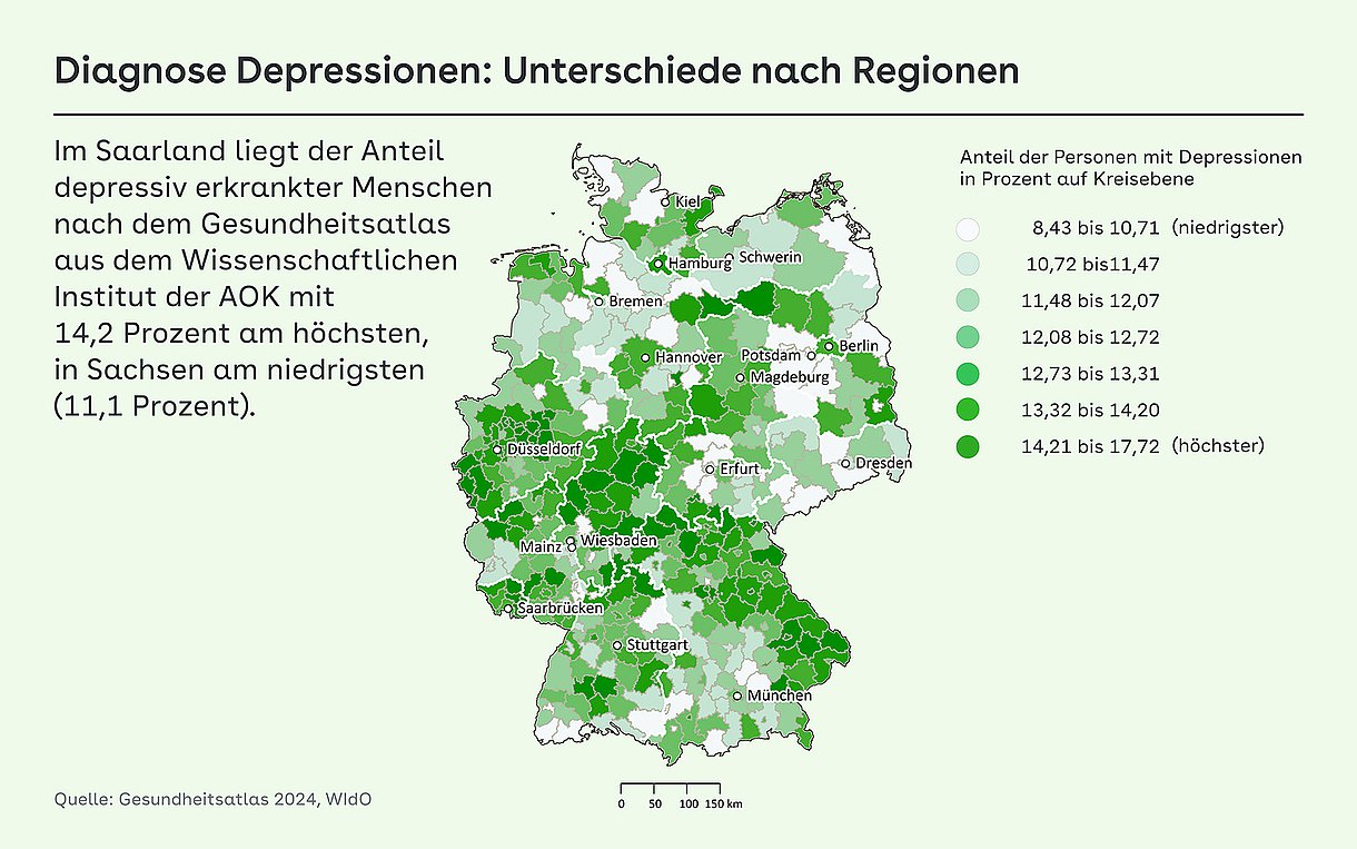 Grafik mit Deutschlandkarte: Diagnose Depressionen – Unterschiede nach Regionen