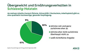 Ein Tortendiagramm zeigt die prozentuale Verteilung, ob für die Befragten in Schleswig-Holstein eine qualitativ hochwertige und gesunde Verpflegung am Arbeitsplatz oder an der Uni angeboten wird.