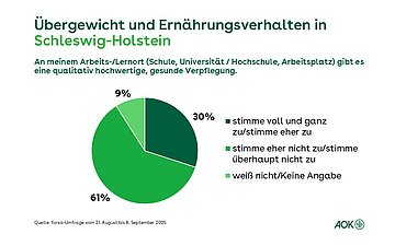 Ein Tortendiagramm zeigt die prozentuale Verteilung, ob f&uuml;r die Befragten in Schleswig-Holstein eine qualitativ hochwertige und gesunde Verpflegung am Arbeitsplatz oder an der Uni angeboten wird.