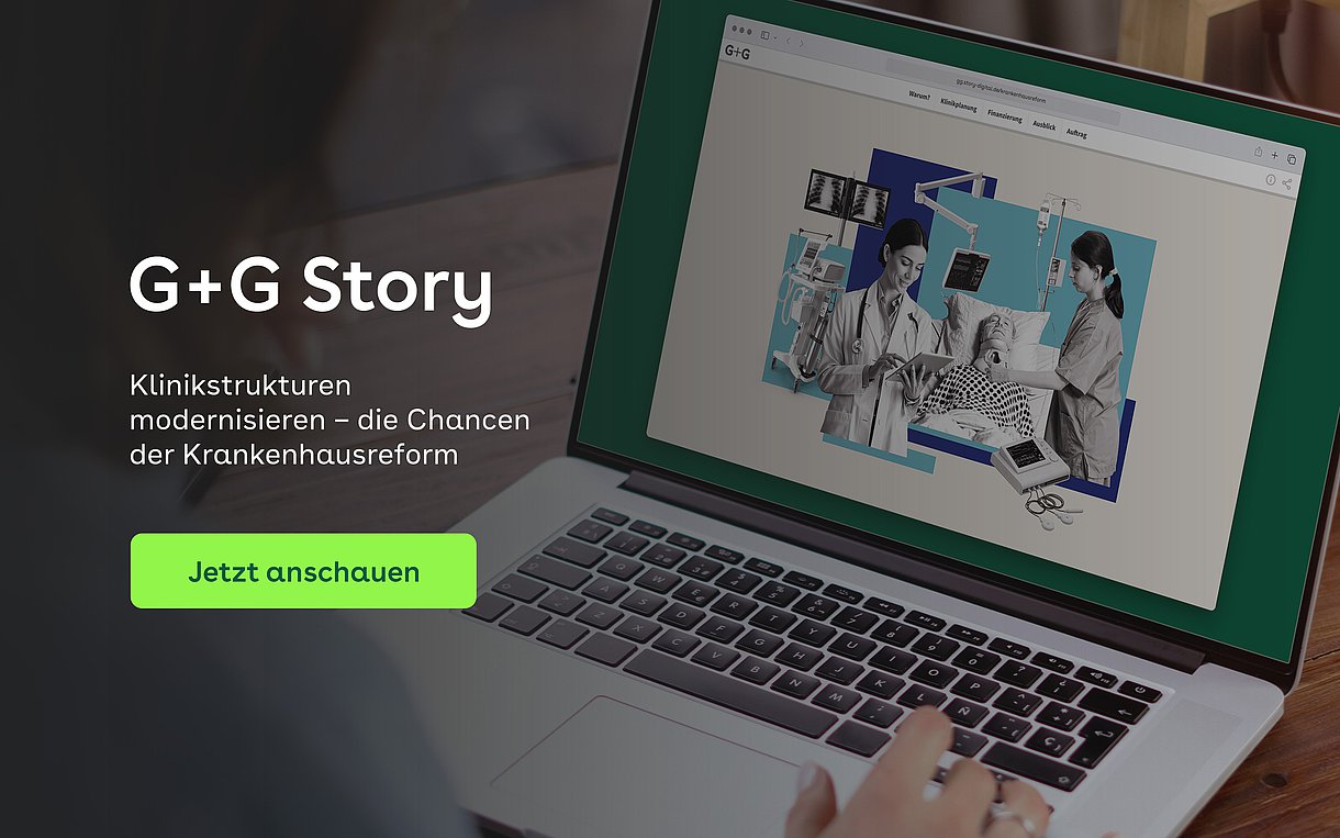 Foto: Ein Laptop in dem die G+G Story zur Krankenhausreform dargestellt ist