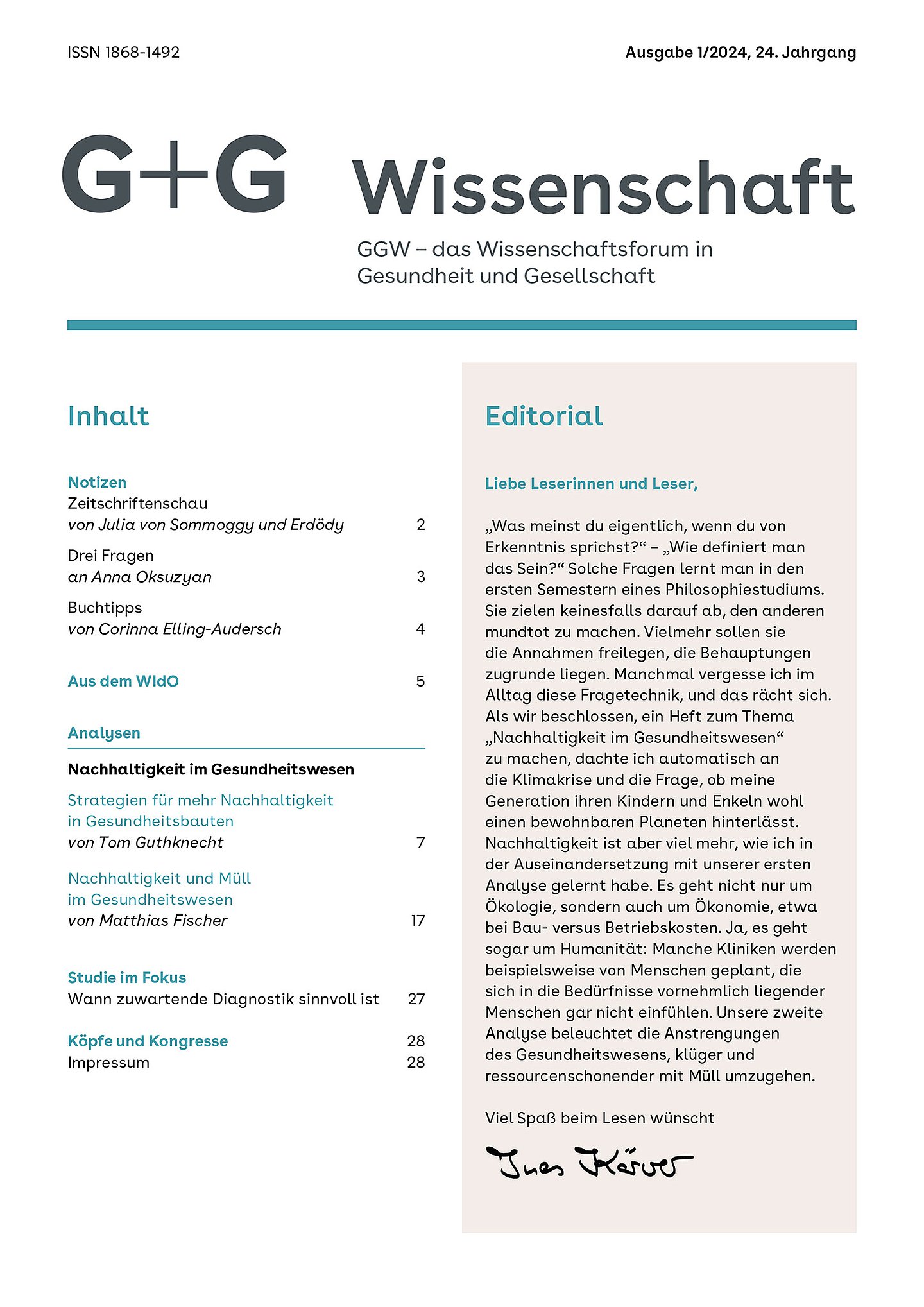 Foto: Titel der G+G-Wissenschaft 1_24 zum Thema: Nachhaltigkeit im Gesundheitswesen