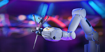 Ein Roboterarm mit einer spitzen Nadel vor einem lila-pinken Hintergrund.