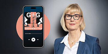 Foto: Dr. Susanne Johna, Erste Vorsitzende des Marburger Bundes und Vize-Pr&auml;sidentin der Bundes&auml;rztekammer. Links daneben ein Smartphone, auf dem Display: G+G-Kassentreffen.