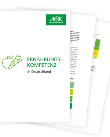 Gezeigt wird ein Deckblatt in wei&szlig; mit gr&uuml;ne Aufschrift und dem AOK Logo der Titel: Ern&auml;hrungskompetenz in Deutschland