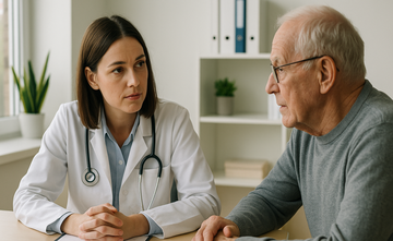 Arztgespräch Eine Ärztin bespricht mit ihrem Patienten dessen Situation. Beide sitzen an einem gemeinsamen Tisch.