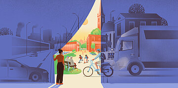 Illustration: Eine Person &ouml;ffnet symbolisch den Blick von einer dunklen, verkehrs- und industriegepr&auml;gten Stadt auf eine helle, gr&uuml;ne Umgebung mit Schule, Schwimmbad, spielenden Kindern und Radverkehr.