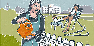 Illustration: Im Hintergrund steht ein Krankenhaus. Im Mittelgrund sitzt ein Junge mit einem gebrochenen Bein im Liegestuhl und liest seine Patientenakte. Er schaut zu einer Frau im Vordergrund, die neben einem Zaun Blumen gie&szlig;t.