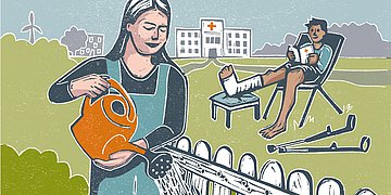 Illustration: Im Hintergrund steht ein Krankenhaus. Im Mittelgrund sitzt ein Junge mit einem gebrochenen Bein im Liegestuhl und liest seine Patientenakte. Er schaut zu einer Frau im Vordergrund, die neben einem Zaun Blumen gießt.