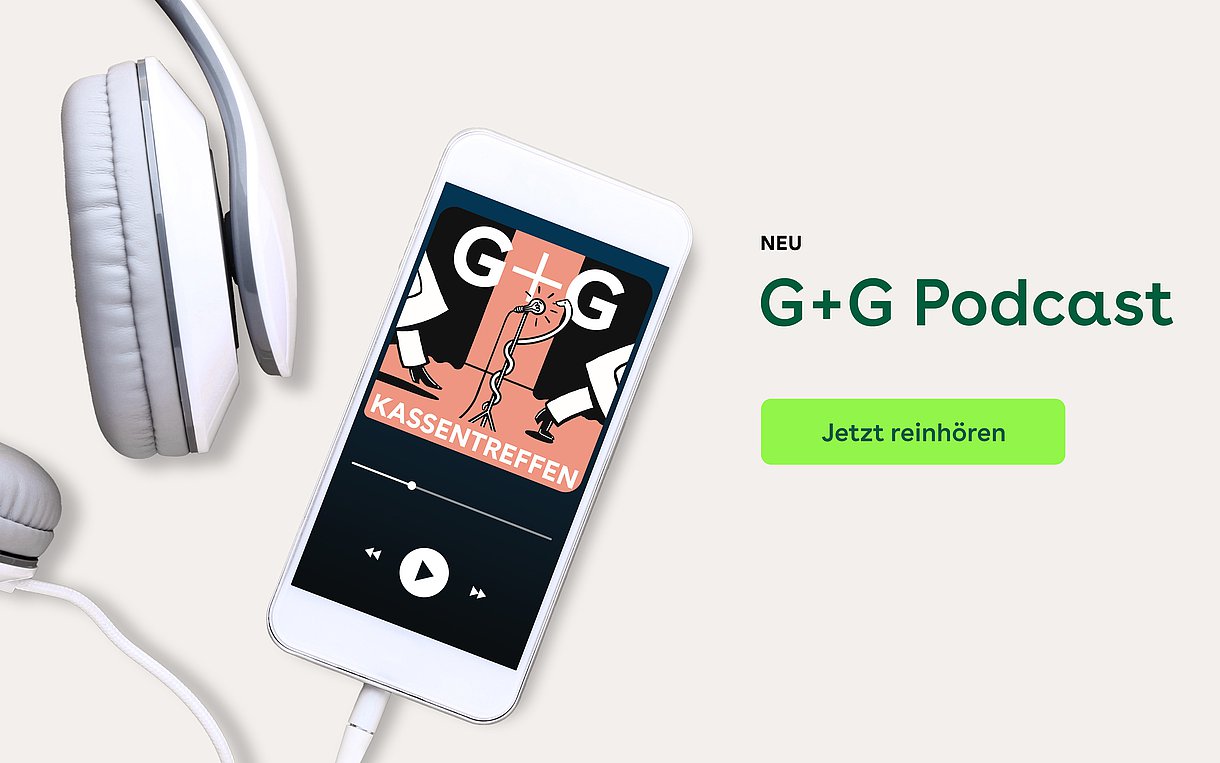 Foto: Illustration mit Kopfhörer und Smarthphone, daneben der Text: G+G-Podcast. Jetzt reinhören.
