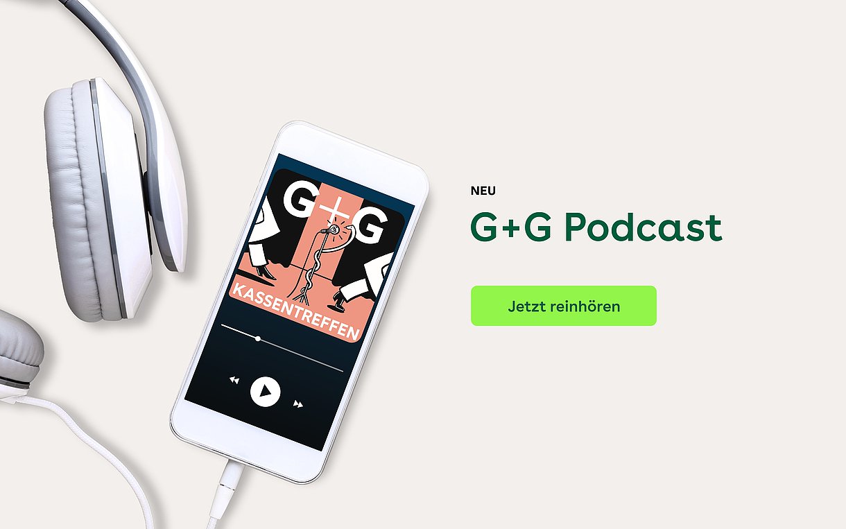 Foto: Illustration mit Kopfhörer und Smarthphone, daneben der Text: G+G-Podcast. Jetzt reinhören.