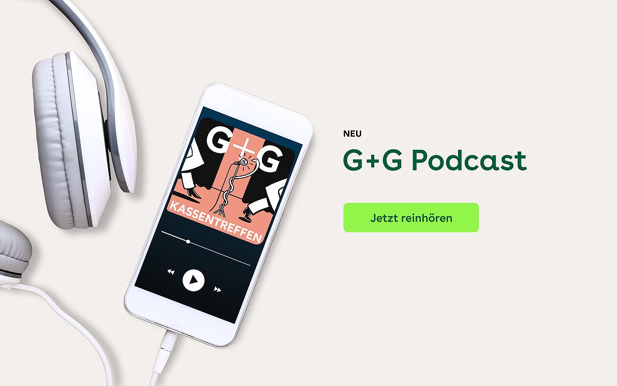 Foto: Illustration mit Kopfhörer und Smarthphone, daneben der Text: G+G-Podcast. Jetzt reinhören.