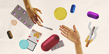 Foto: Zwei Frauenh&auml;nde greifen nach Zigaretten und Medikamentenpackungen.